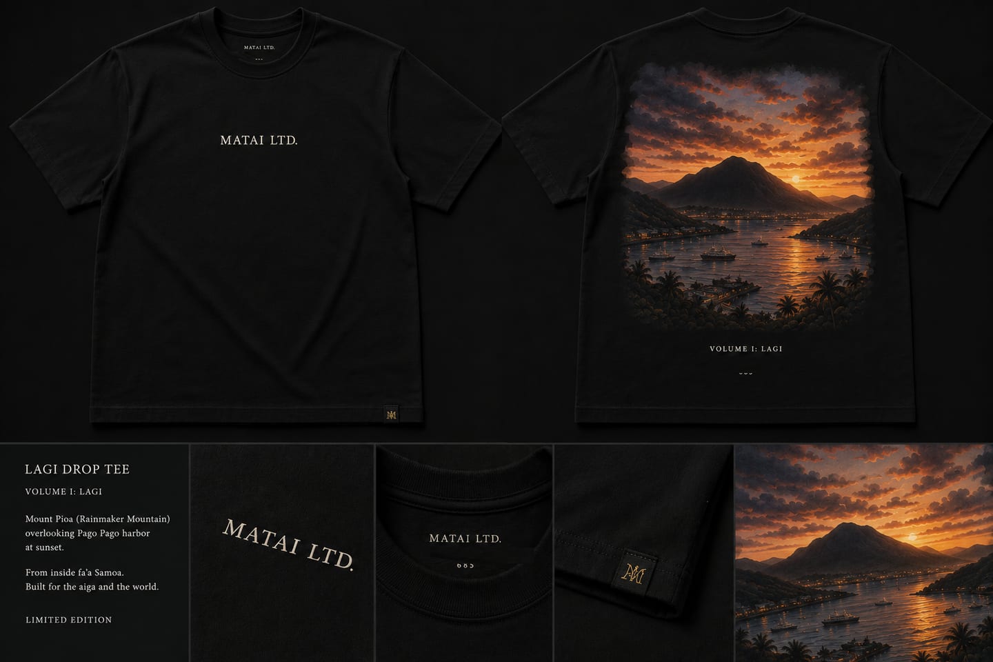 Preview — tee in black with the MATAI LTD. chest mark and a sunset watercolour back-print.