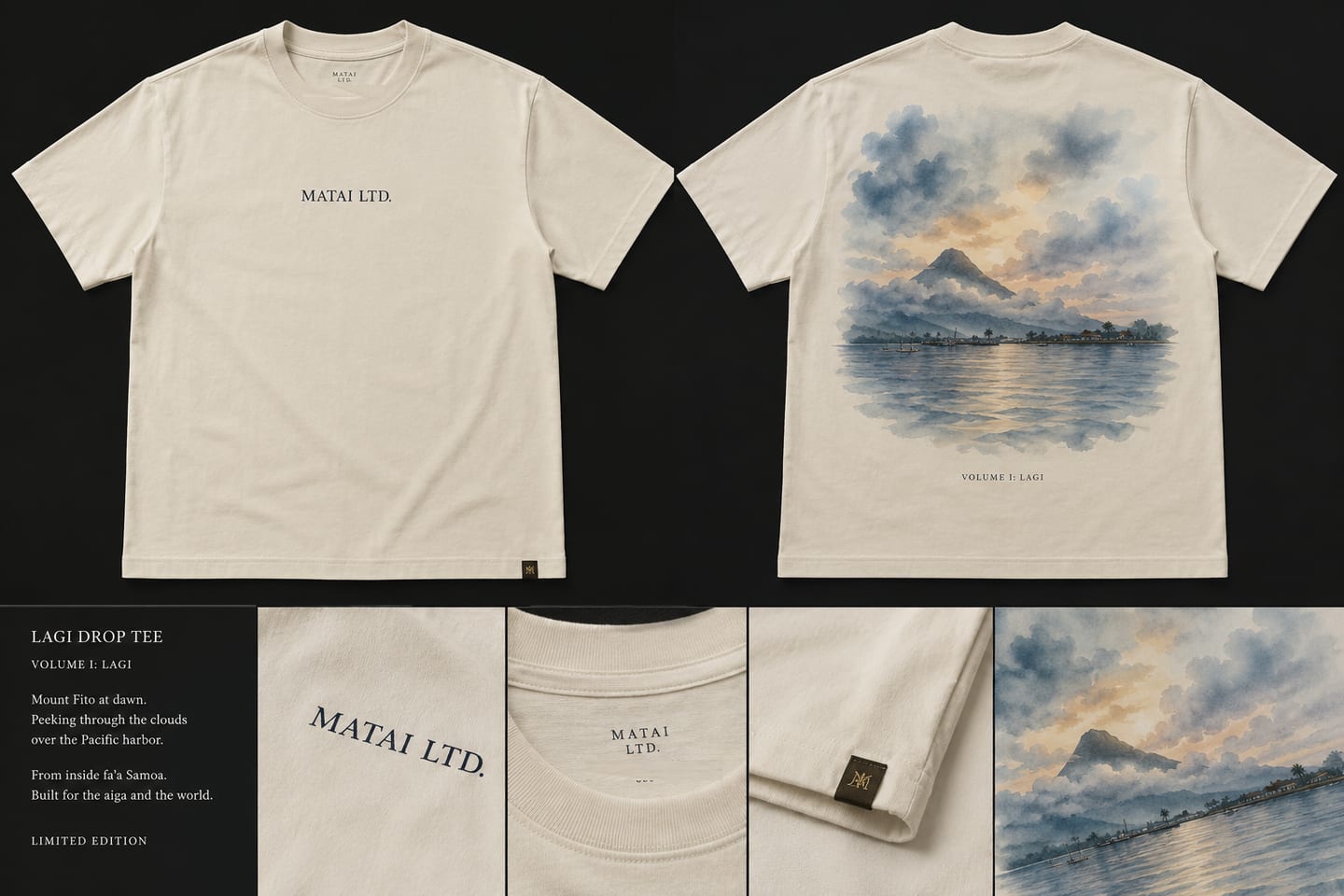 Preview — tee in bone cream with the MATAI LTD. chest mark and a dawn watercolour back-print.